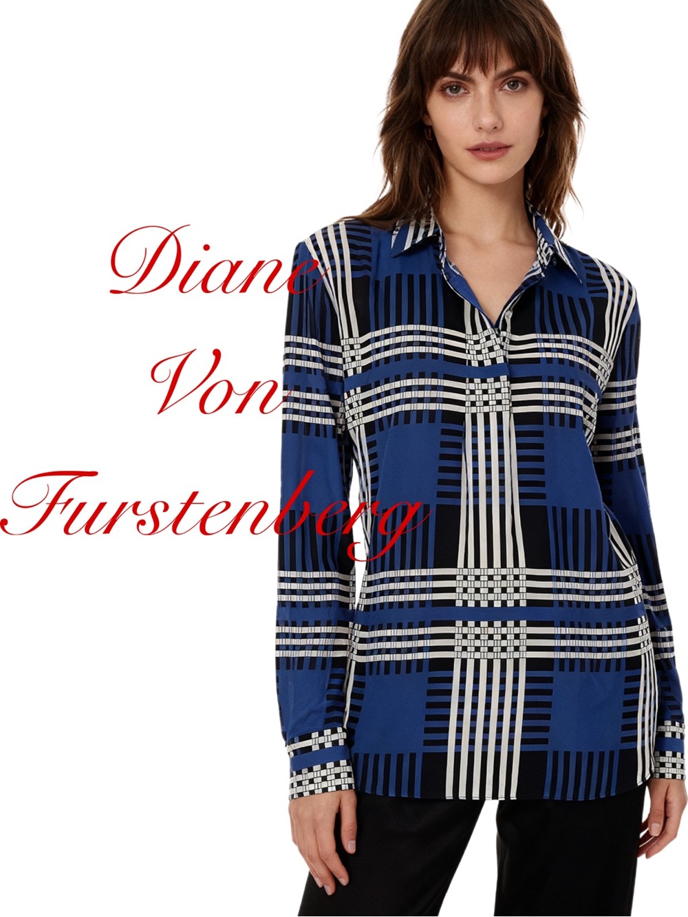 Diane Von Furstenberg Blue and Black Plaid Button-Down Shirt